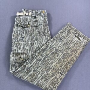 Browning Pants Men MED Mossy Oak Camo Bottomland Hunting Cargo Pockets *HOLE*